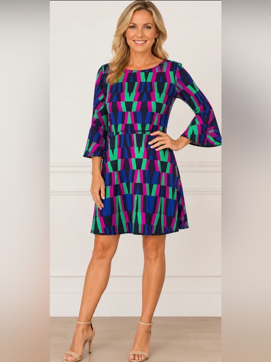 Jude Connally Dresses & Skirts - EUC Jude Connally Geometric Bell Sleeve Wrinkle Resistant Travel Dress, Medium